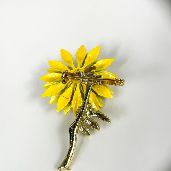Vintage Yellow Enamel Flower Aster Daisy Brooch Pin Rhinestone Gold-Tone Stem - Picture 5 of 6